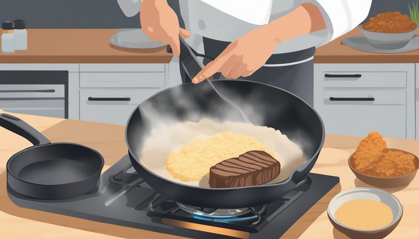 A chef using a cast iron skillet to sear a steak on a gas stove, with almond flour and coconut flour on the counter as flour substitutes