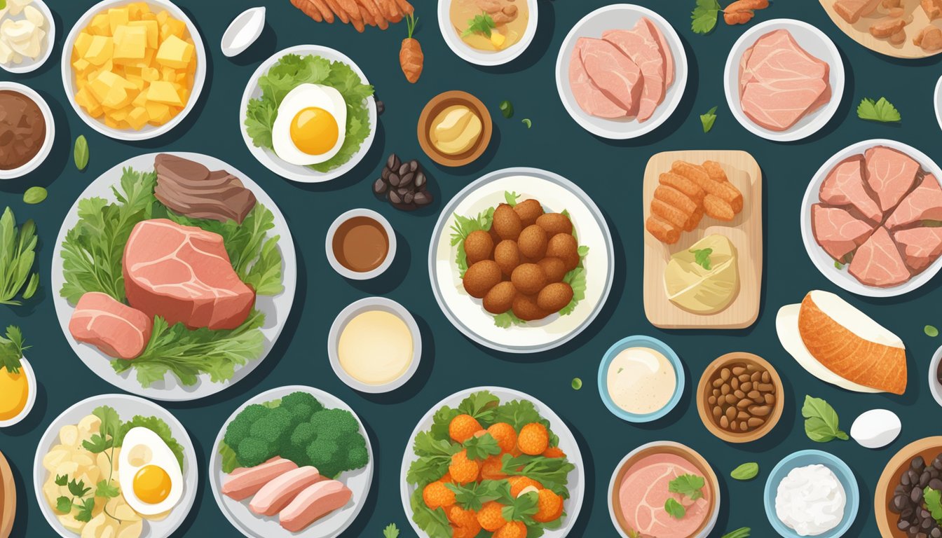 A variety of animal-based foods like meat, fish, and eggs arranged on a table, with dairy-free options highlighted