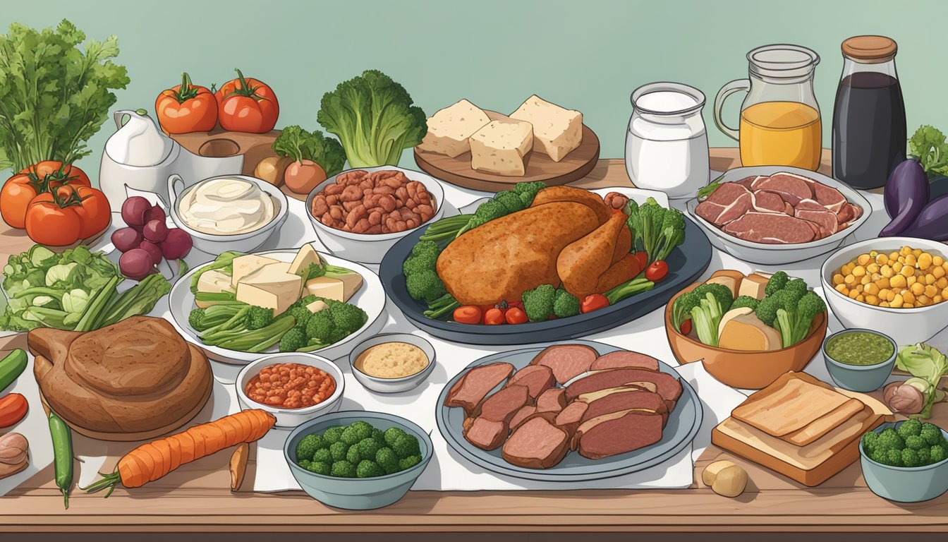 A table set with various meats, vegetables, and dairy-free ingredients, surrounded by recipe books and a meal planner