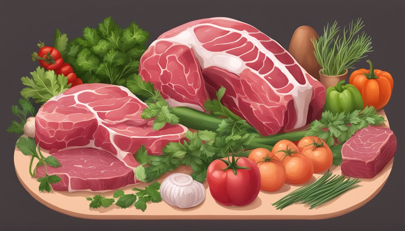 A table set with raw meat, organs, and bones, surrounded by fresh herbs and vegetables