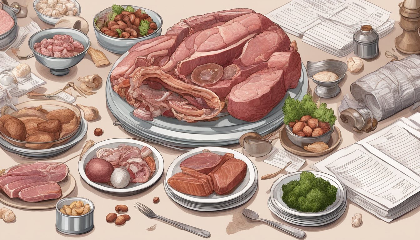 A plate with a variety of raw meats, bones, and organs, surrounded by medical documents and a skeptical audience