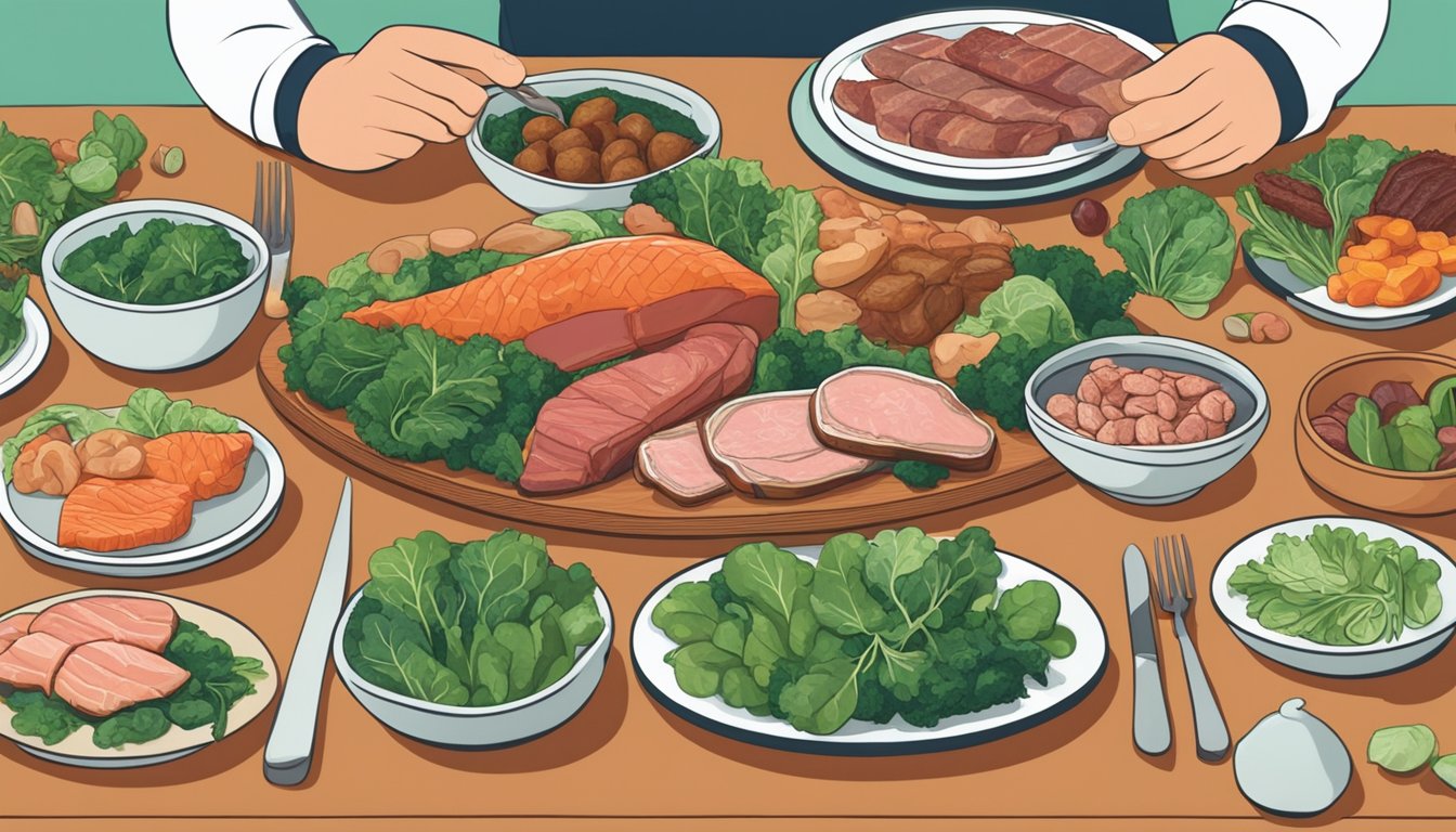 A table set with a variety of meats, fish, and leafy greens. A person with lyme disease adds supplements to their plate