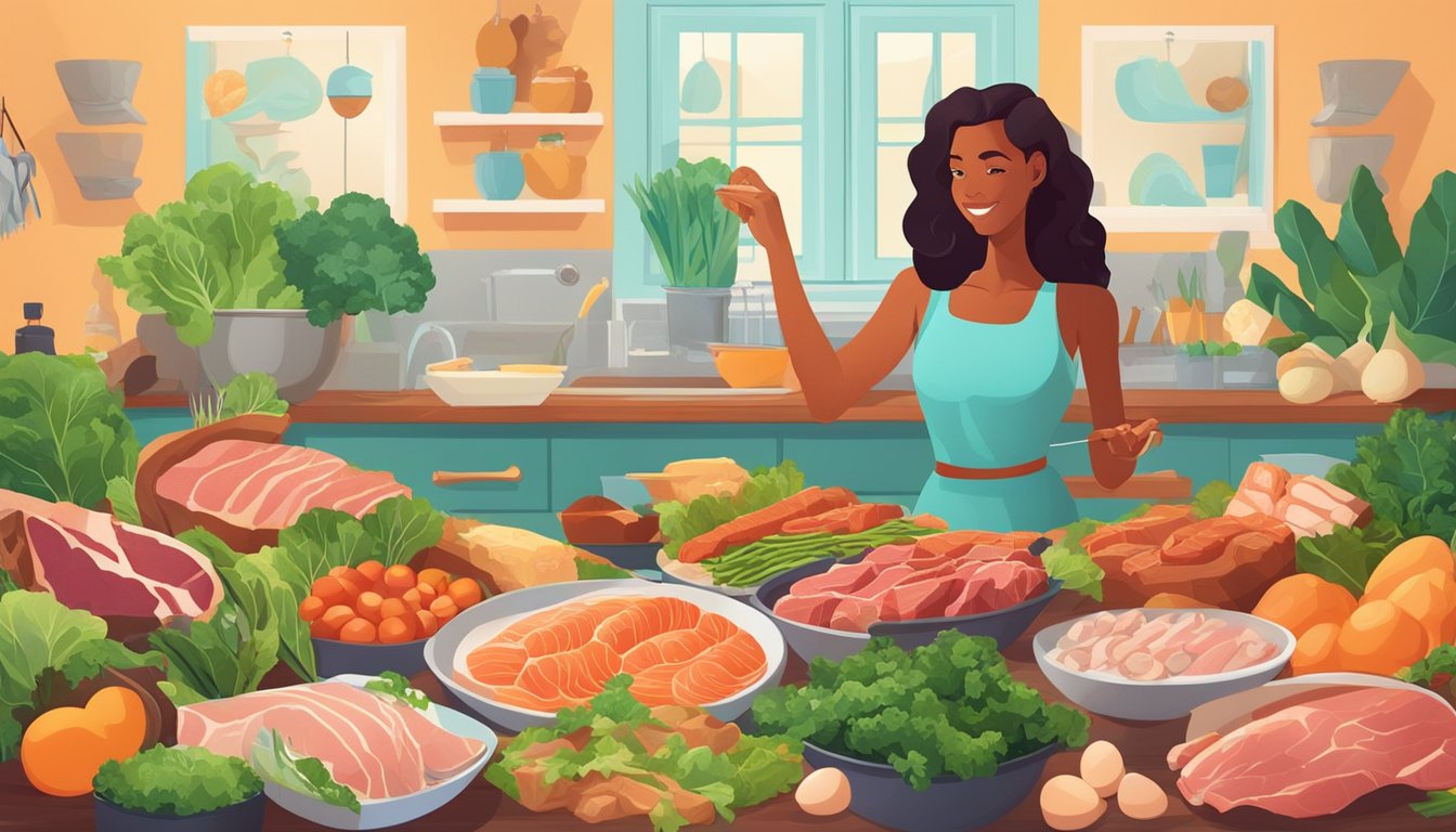 A woman surrounded by a variety of fresh meats, fish, eggs, and leafy greens, with a vibrant and healthy glow