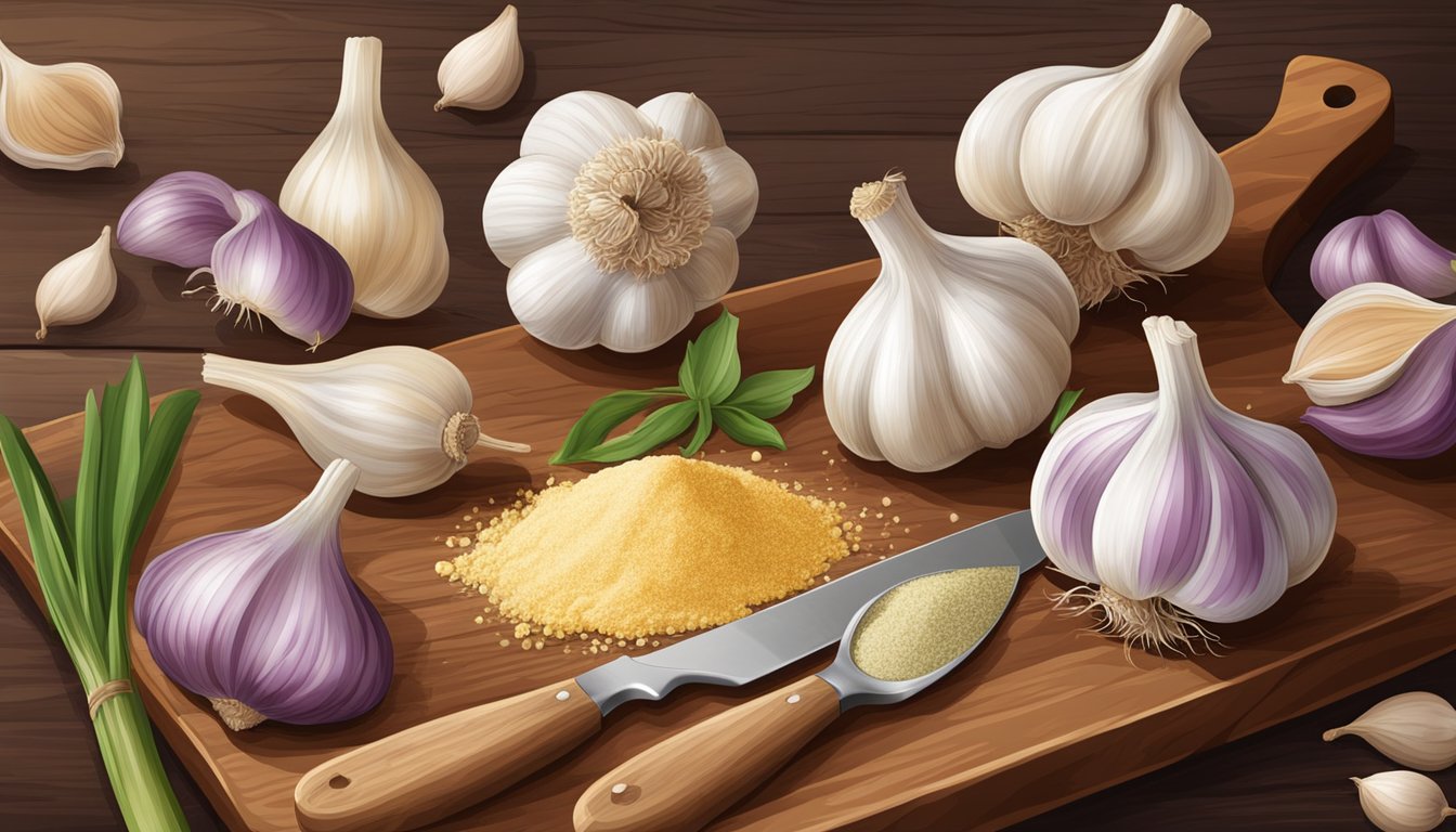 A variety of fresh garlic bulbs, cloves, and garlic powder arranged on a wooden cutting board next to a sharp knife