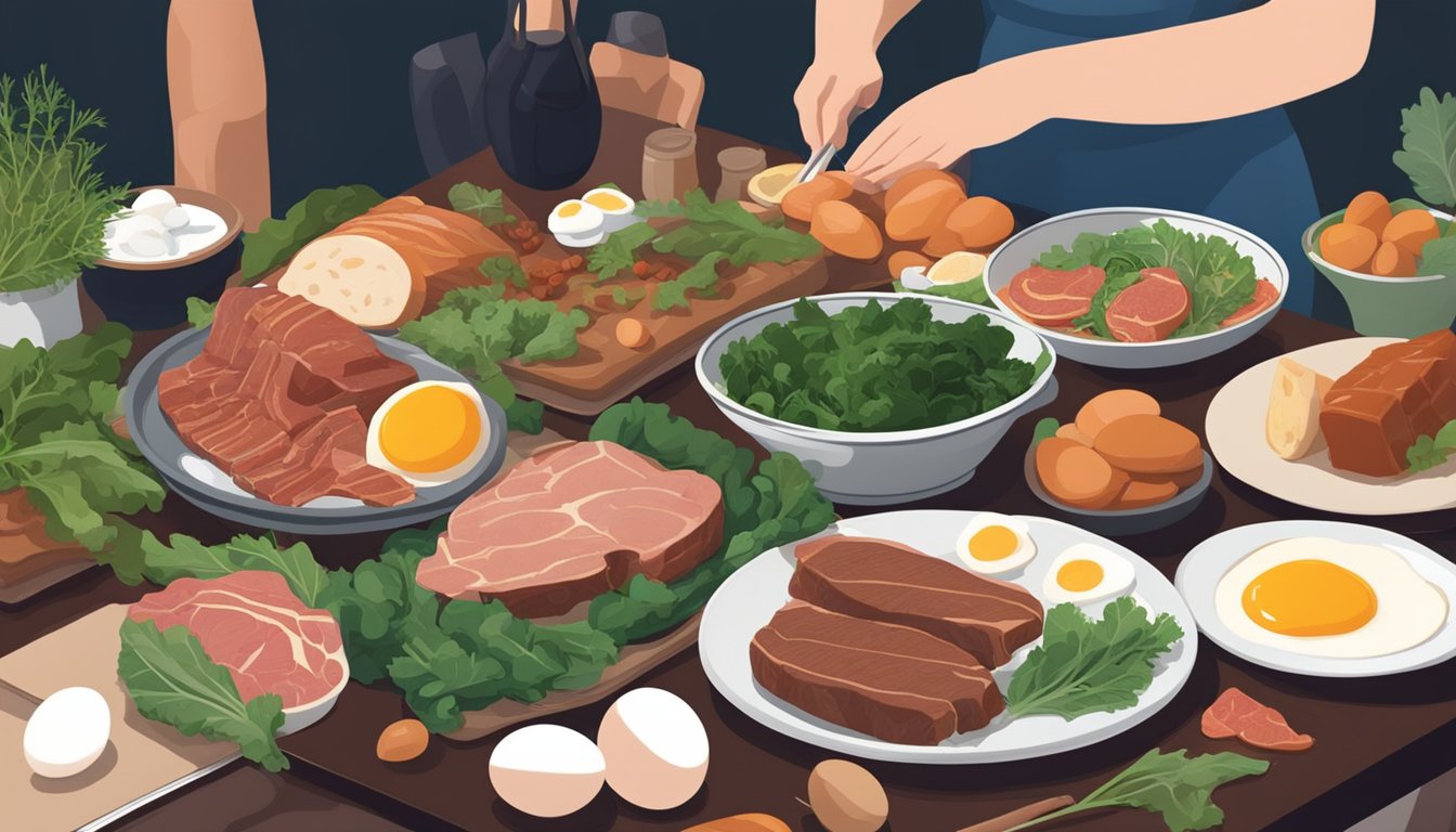 A table set with various meats, eggs, and leafy greens, with a woman preparing a meal and a book on the Carnivore Diet open nearby