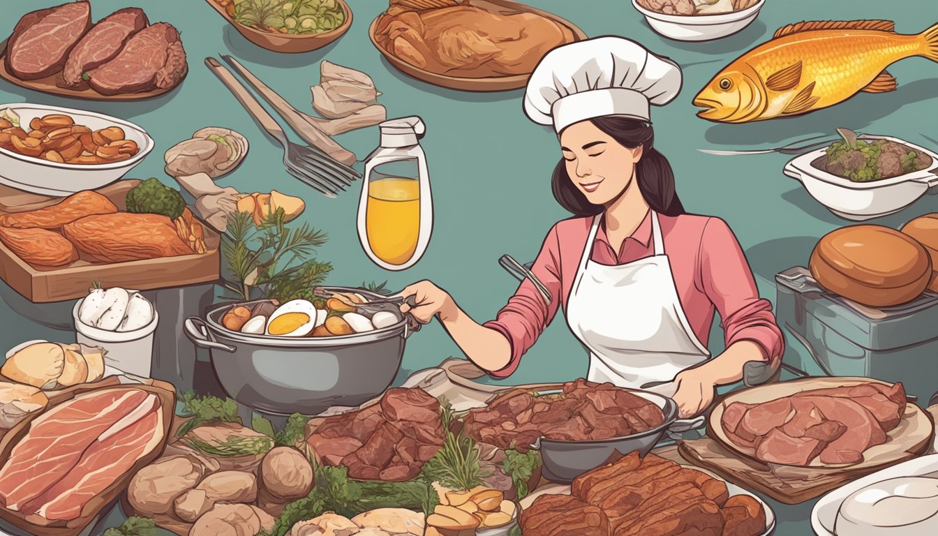 A woman surrounded by various types of meat, fish, and eggs, with a confident expression on her face as she prepares a meal