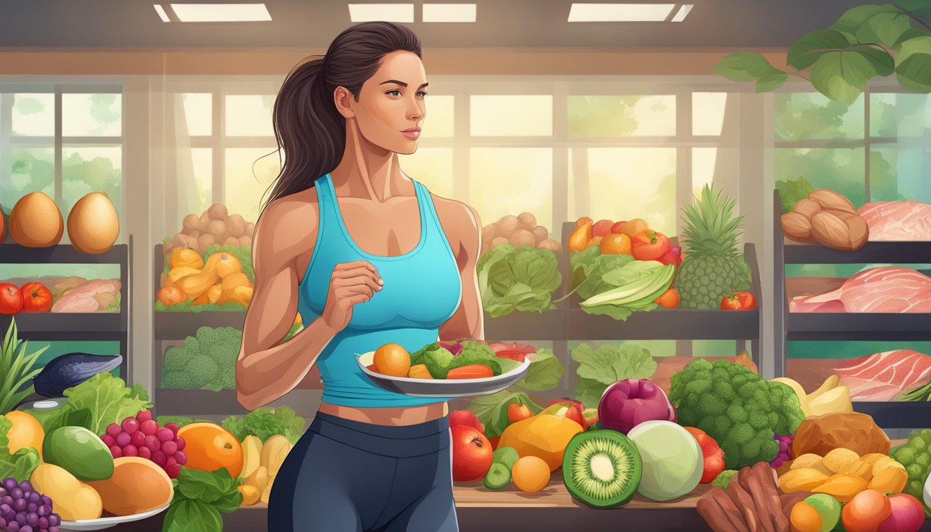 A female athlete with a diet of meat, fish, and eggs, surrounded by a variety of fresh fruits, vegetables, and nuts, with a backdrop of a gym and athletic equipment