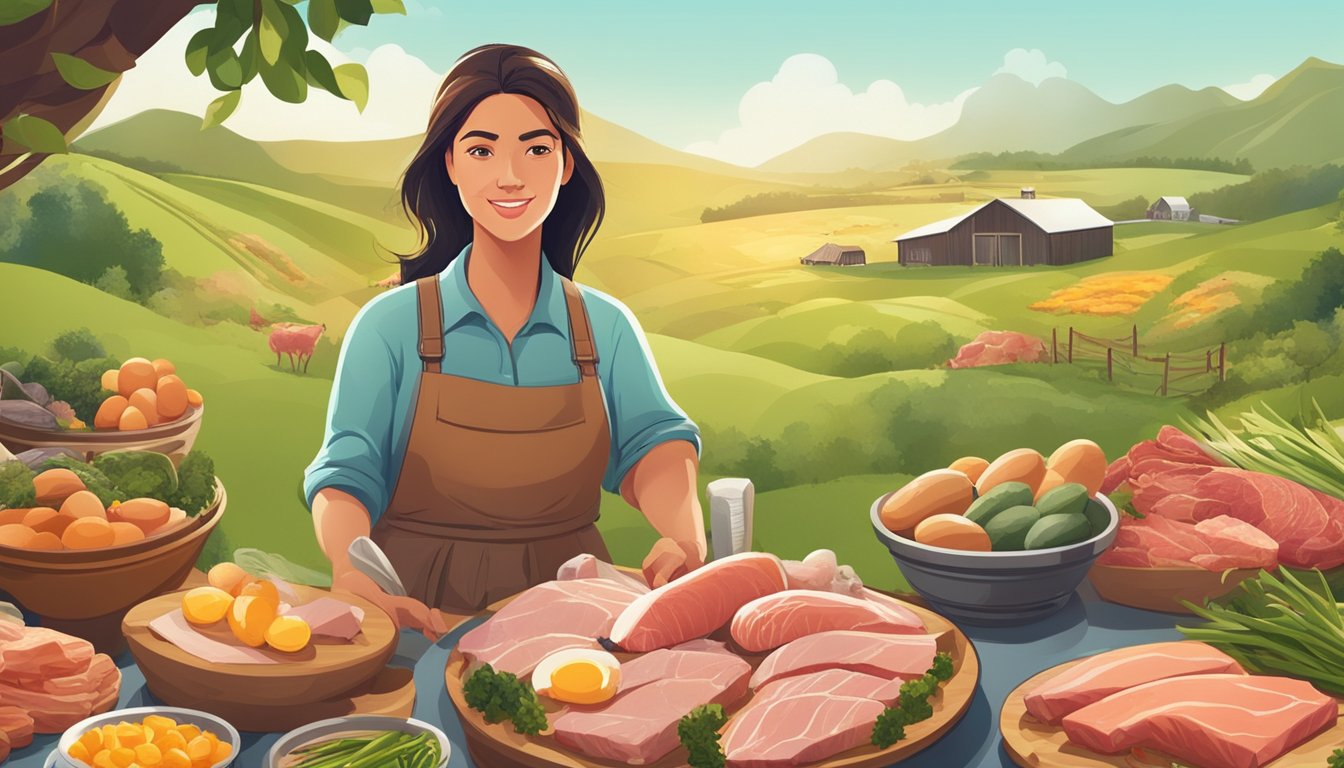 A woman surrounded by a variety of fresh meat, fish, and eggs, with natural landscapes and sustainable farming practices in the background