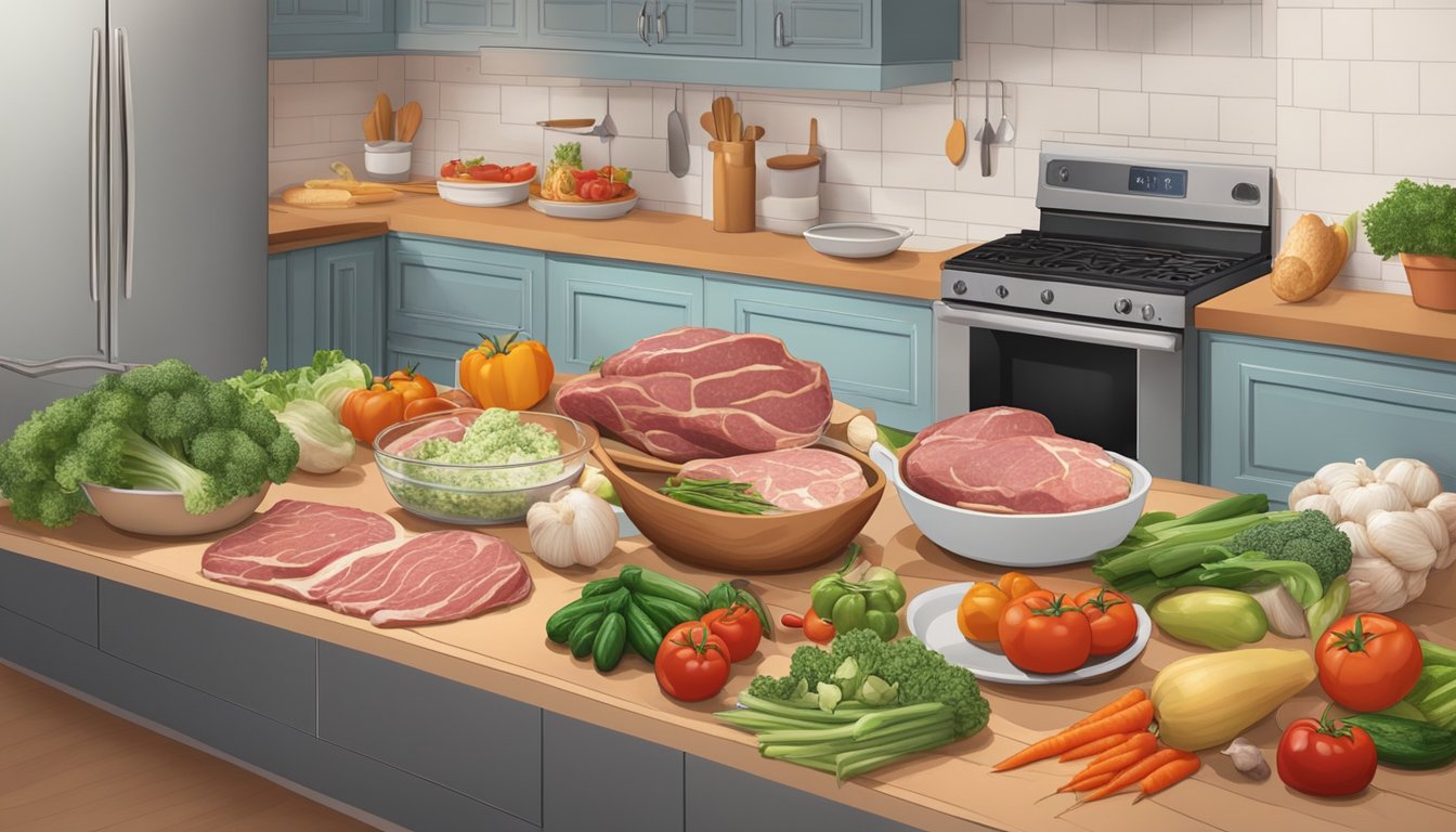 A kitchen counter with an assortment of raw meats, vegetables, and garlic cloves laid out for meal planning and preparation