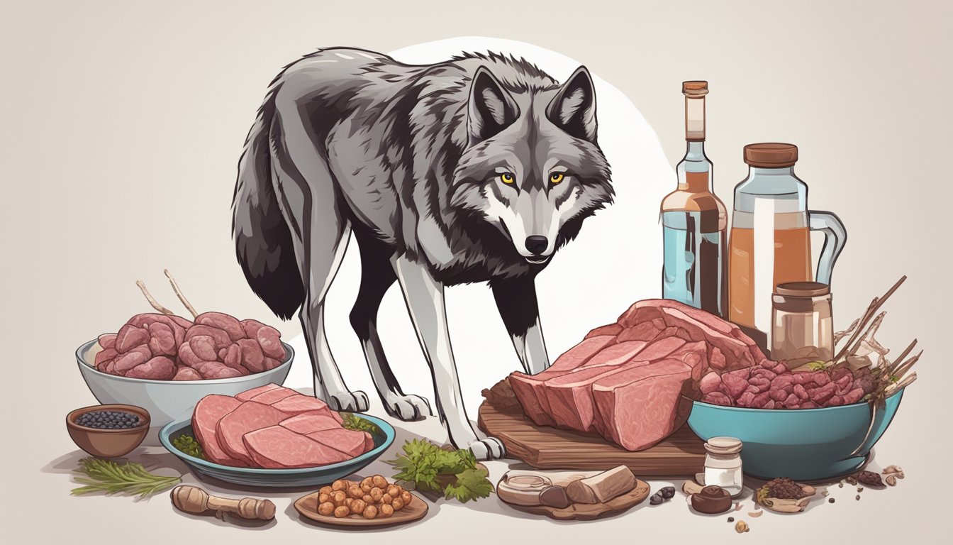 A wolf surrounded by raw meat, bones, and offal, with a bowl of organ meats and supplements nearby