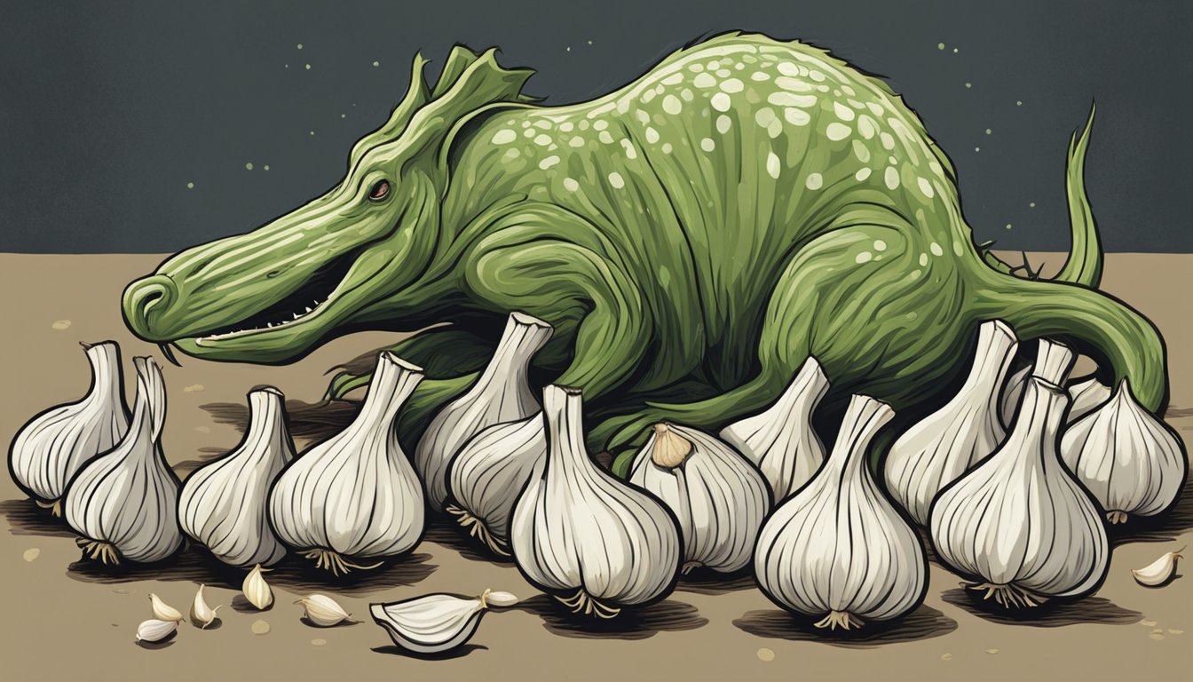 A carnivorous animal cautiously approaches a pile of garlic bulbs, considering whether to consume them