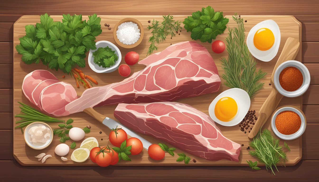 A variety of raw meat, fish, and eggs arranged on a wooden cutting board surrounded by fresh herbs and spices