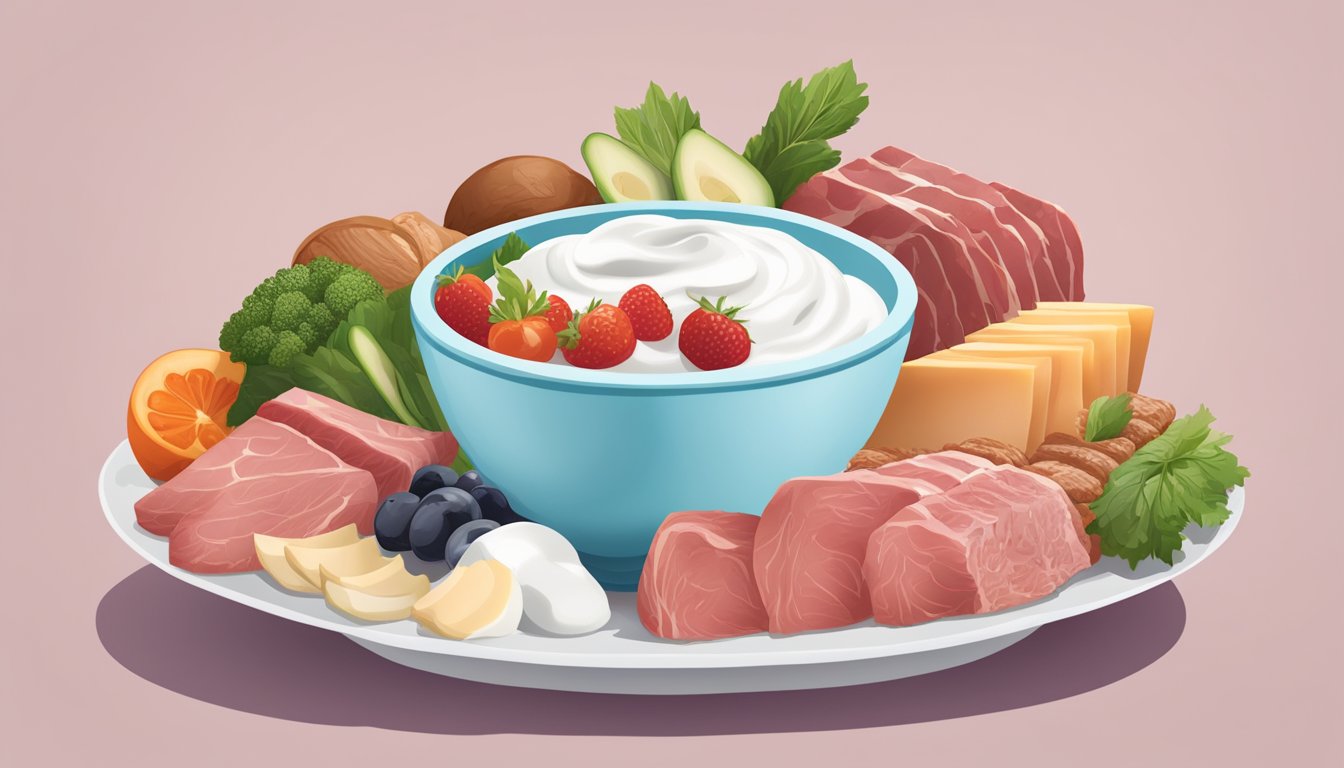 A bowl of Greek yogurt surrounded by various raw meats and animal products, illustrating the carnivore diet