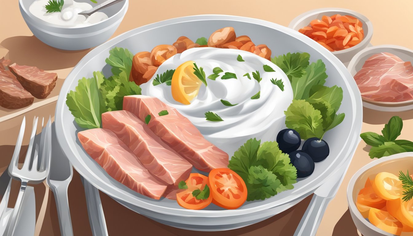 A bowl of Greek yogurt surrounded by various types of meat and fish, with a knife and fork next to the bowl