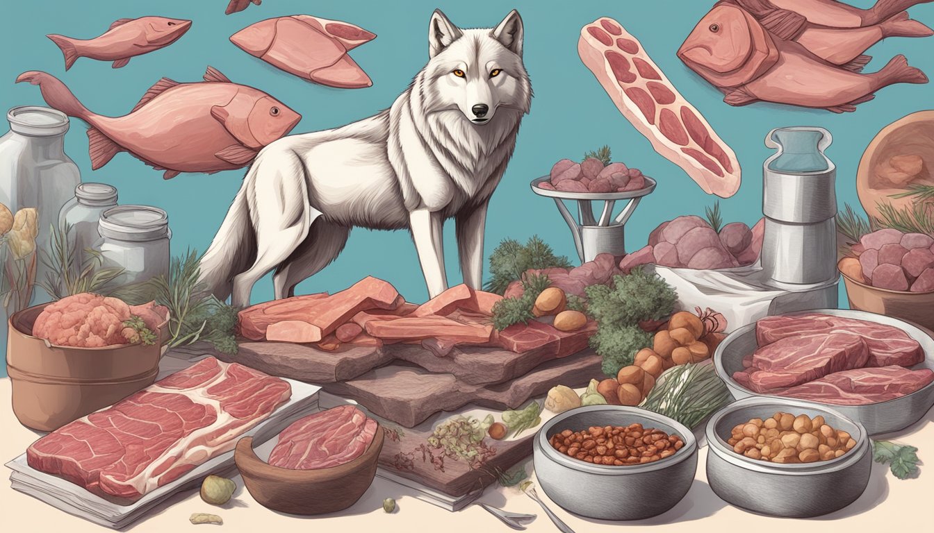 A wolf surrounded by various types of raw meat, bones, and organs, with a scientific research paper on the carnivore diet in the background