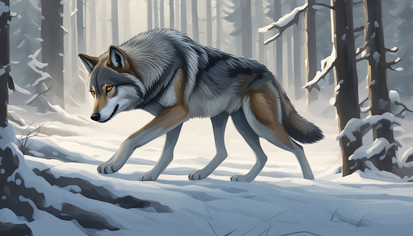 A lone wolf prowls through a snowy forest, its breath visible in the cold air. Nearby, a pile of bones and remnants of a recent hunt lie on the ground