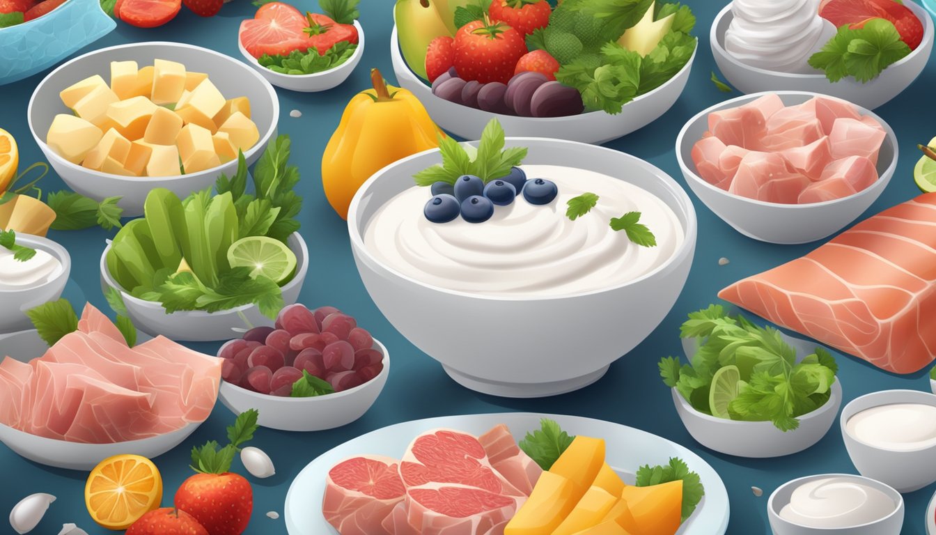 A bowl of greek yogurt surrounded by various types of fresh meat and fish, with a variety of colorful fruits and vegetables in the background