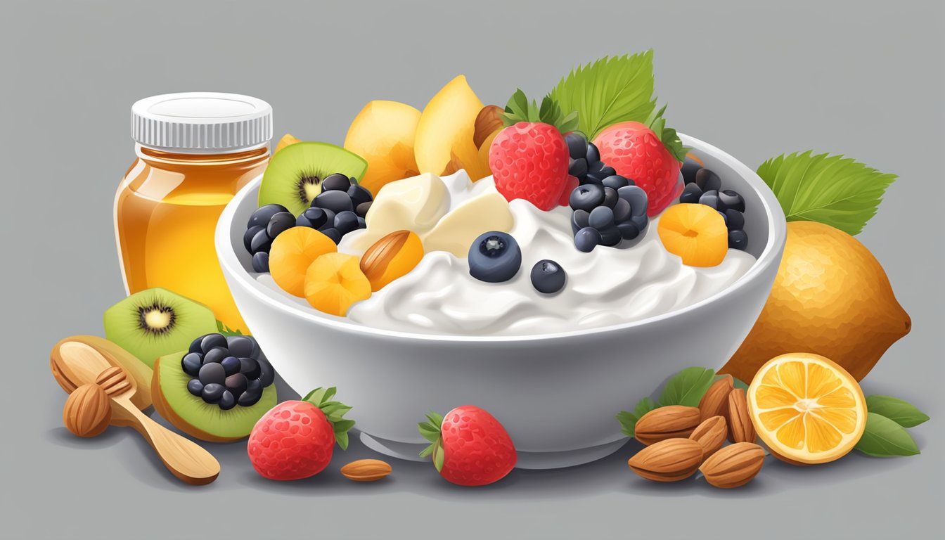 A bowl of creamy Greek yogurt surrounded by a variety of fresh fruits and nuts, with a jar of honey and a spoon nearby