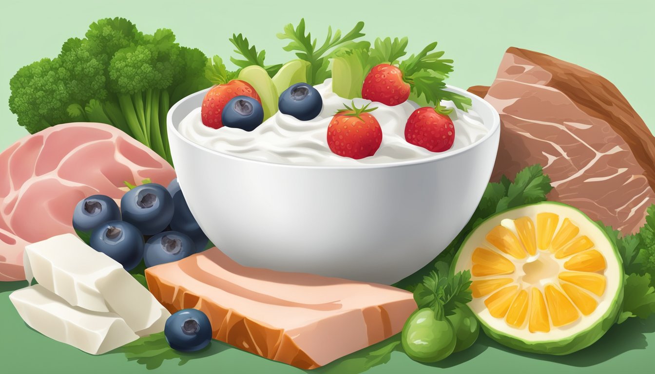 A bowl of Greek yogurt surrounded by various meats and animal products, with a backdrop of vibrant green vegetables and fruits