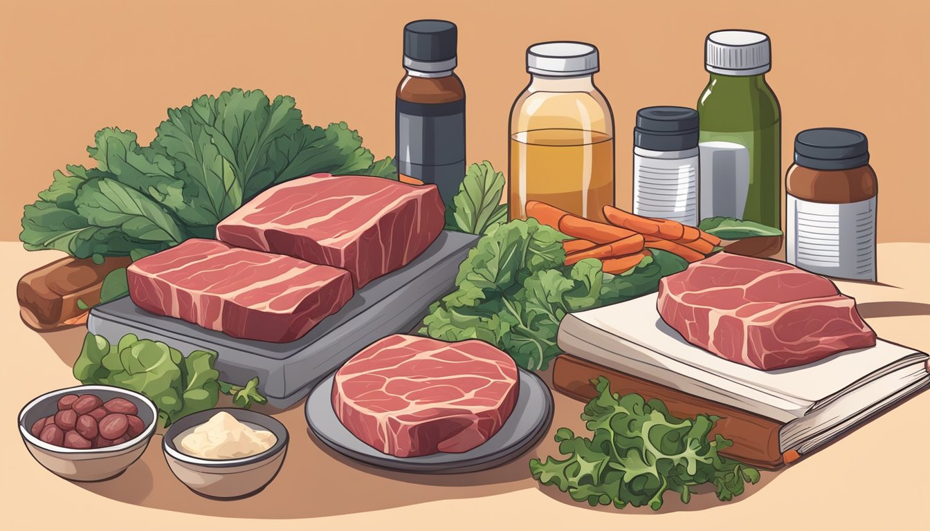 A table set with raw meat, leafy greens, and a bottle of liver detox supplement. An open book on the side titled "Carnivore Diet Guide"