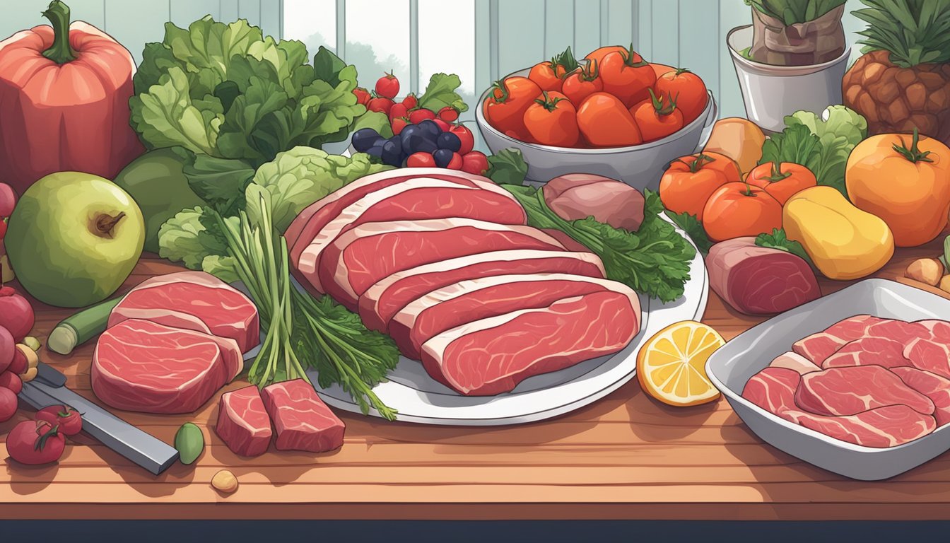 A table set with various cuts of raw meat, surrounded by fresh vegetables and fruits. A book on the carnivore diet sits open nearby