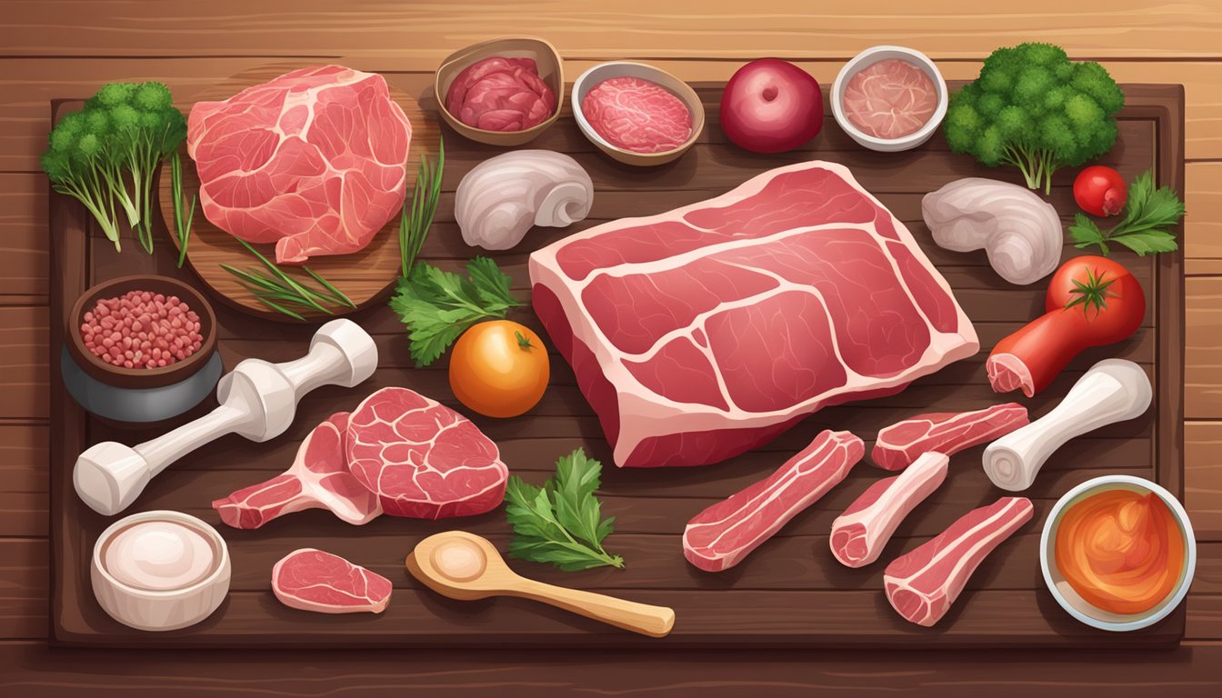 A variety of raw meat, bones, and organs arranged on a wooden surface