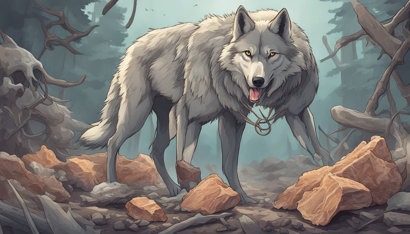 A wolf-like creature limps with a pained expression, surrounded by bones and raw meat