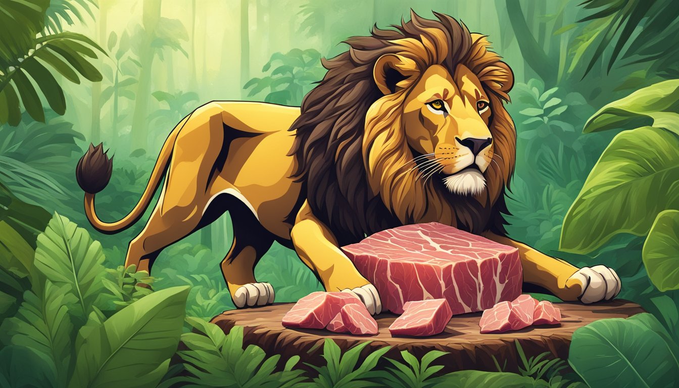 A lion feasting on raw meat, surrounded by bones and a lush green jungle backdrop