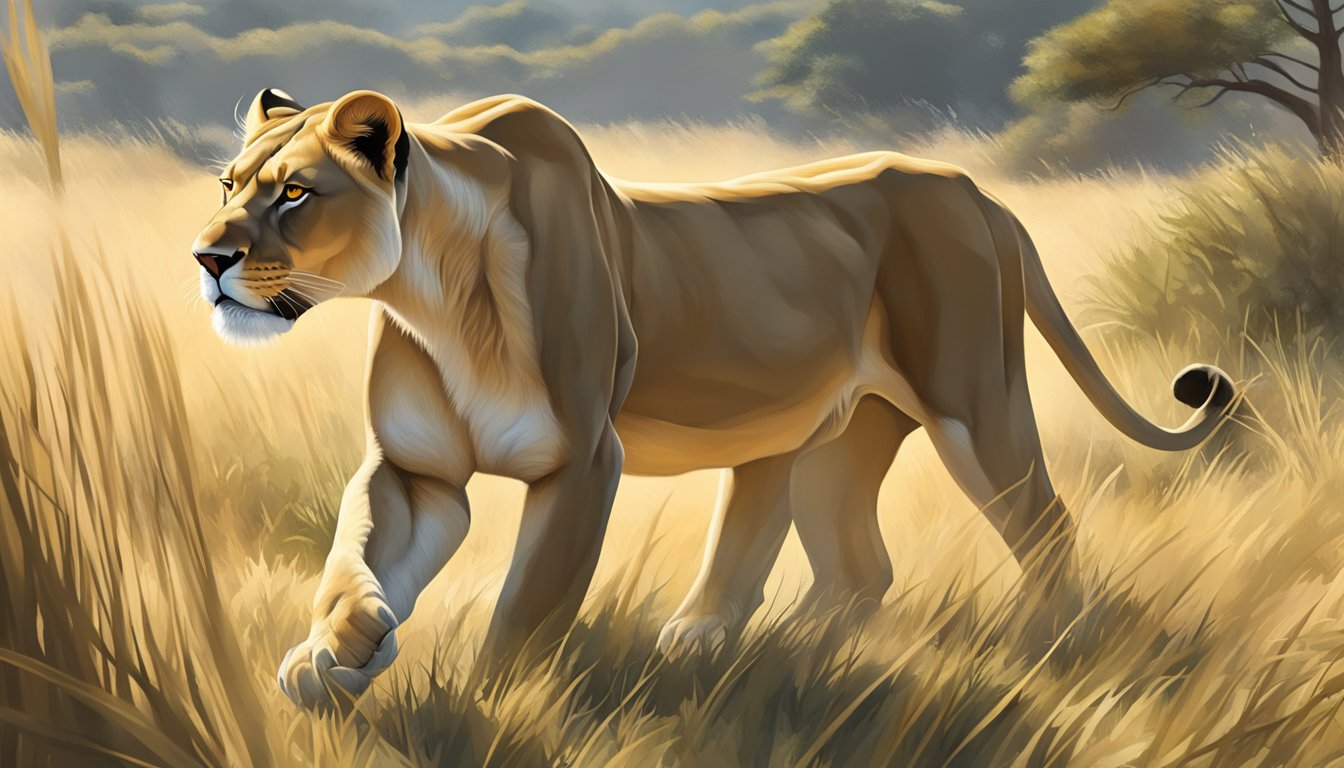 A lioness prowls through a grassy savannah, her powerful muscles rippling as she hunts for prey. The sun beats down on her sleek, carnivorous form, highlighting the physiological effects of her diet