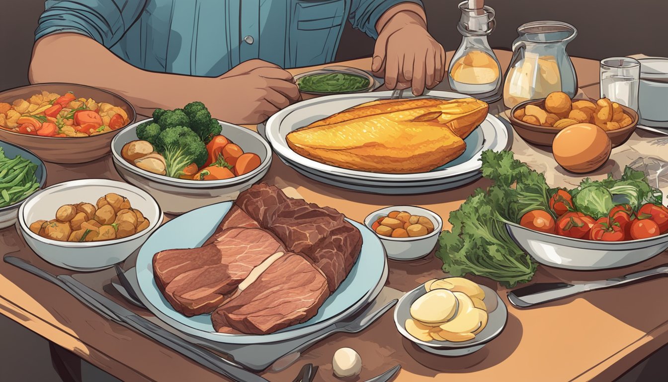 A table with various food items: meat, fish, eggs, and vegetables. A man's podcast playing in the background