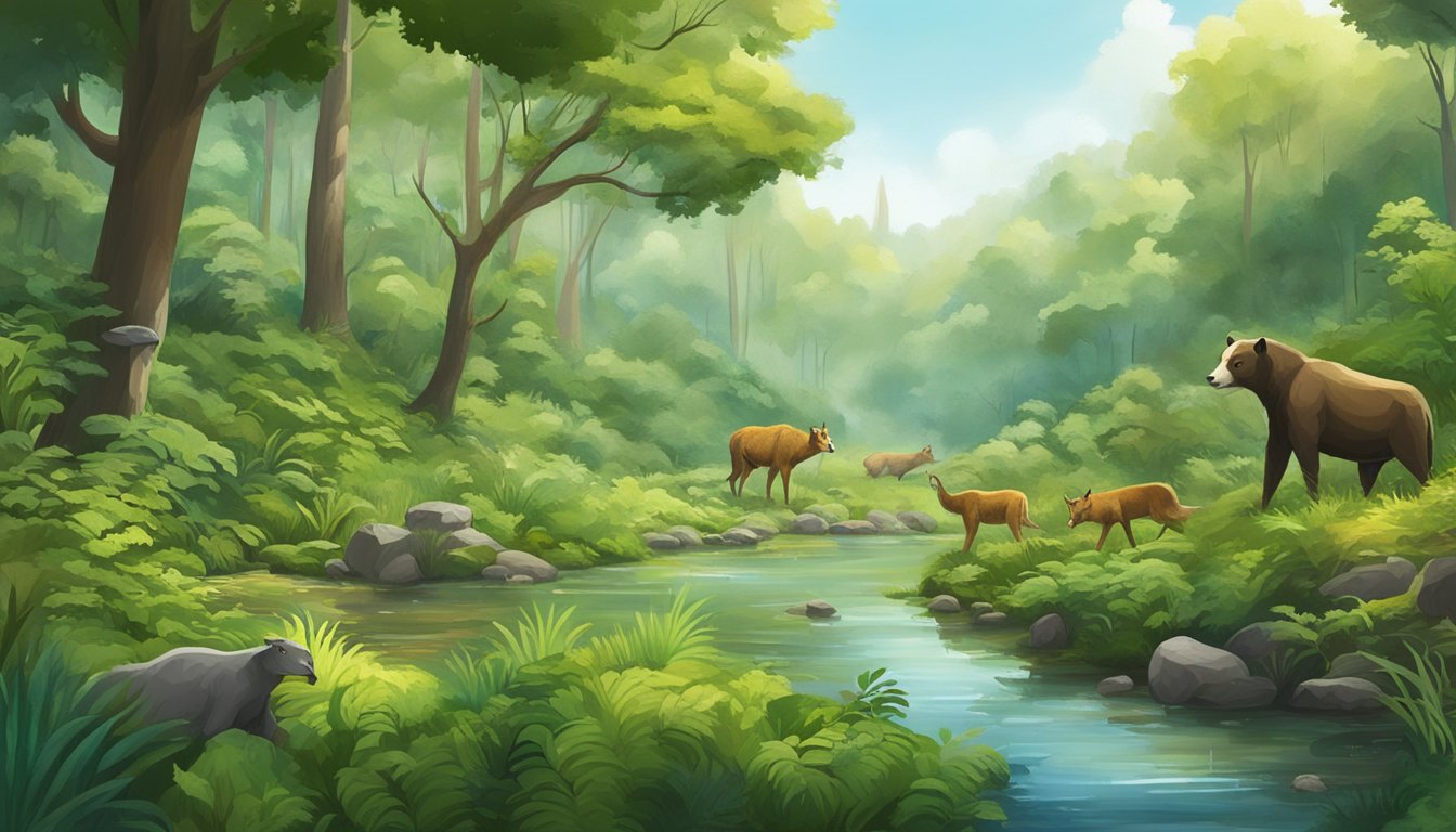 A lush green forest with a clear stream, surrounded by a diverse array of wildlife and plant life, showcasing the impact of a carnivore diet on the environment