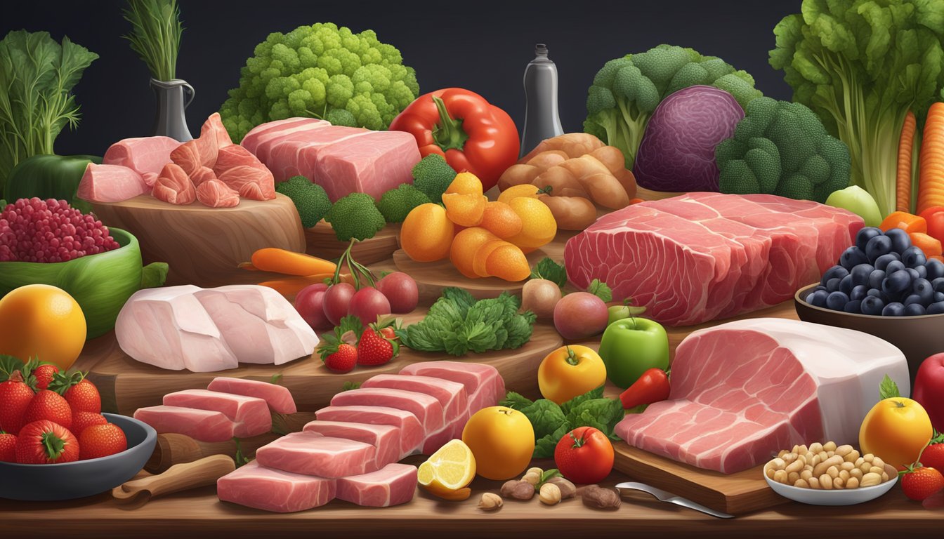 A variety of fresh meats and animal products arranged on a table, surrounded by colorful fruits and vegetables