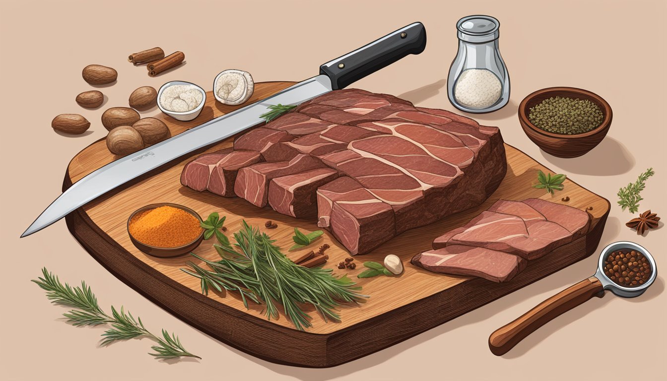 A table with various cuts of meat, a cutting board, and a knife. A bowl of spices and herbs sits nearby