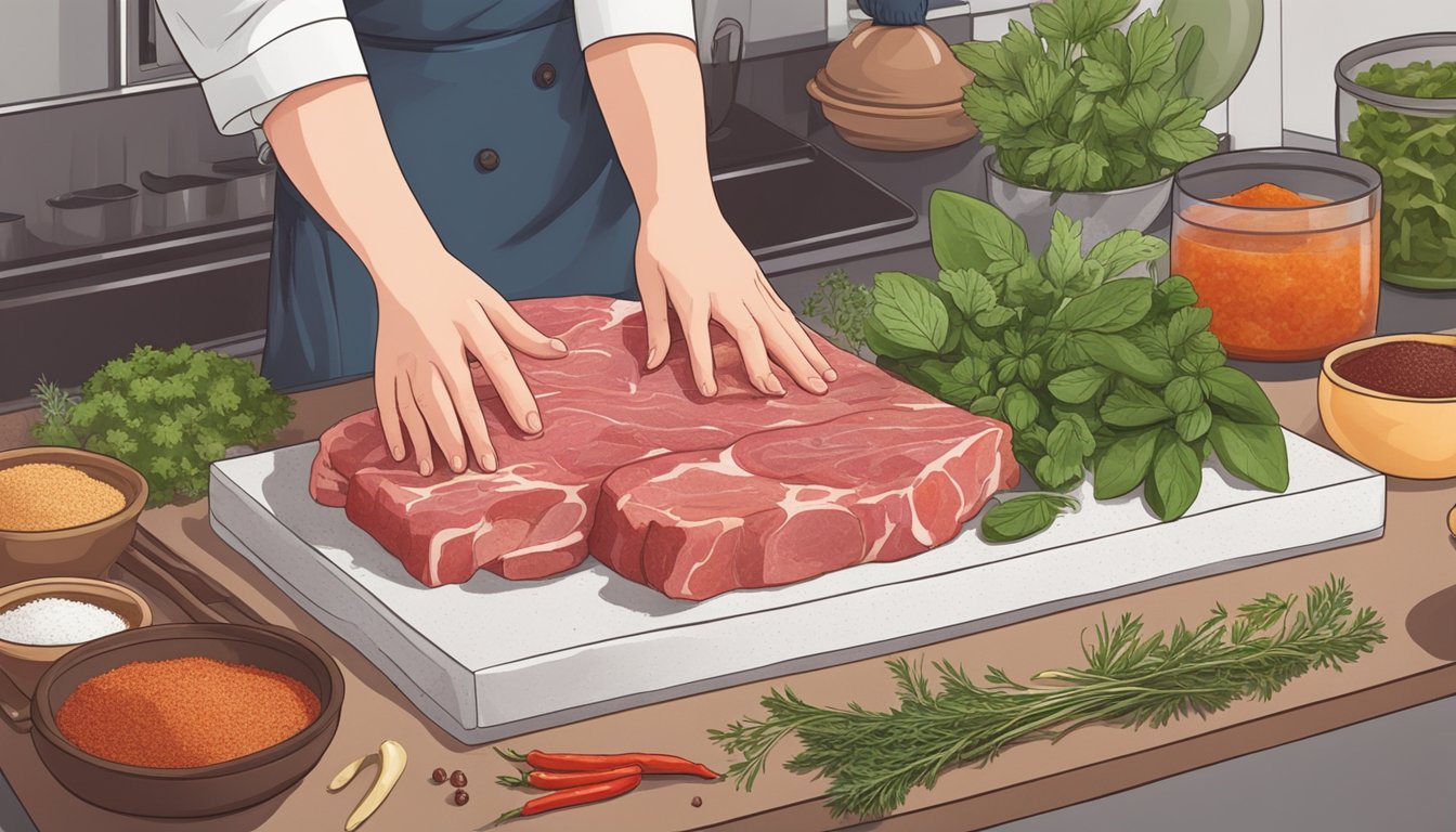 A hand reaching for a slab of raw meat, surrounded by various fresh herbs and spices on a kitchen counter