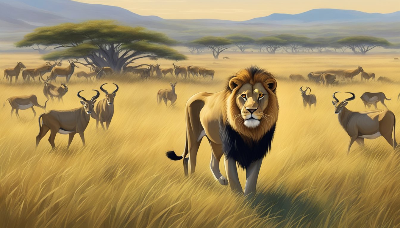 A lion prowls through a grassy savanna, surrounded by a herd of grazing antelope