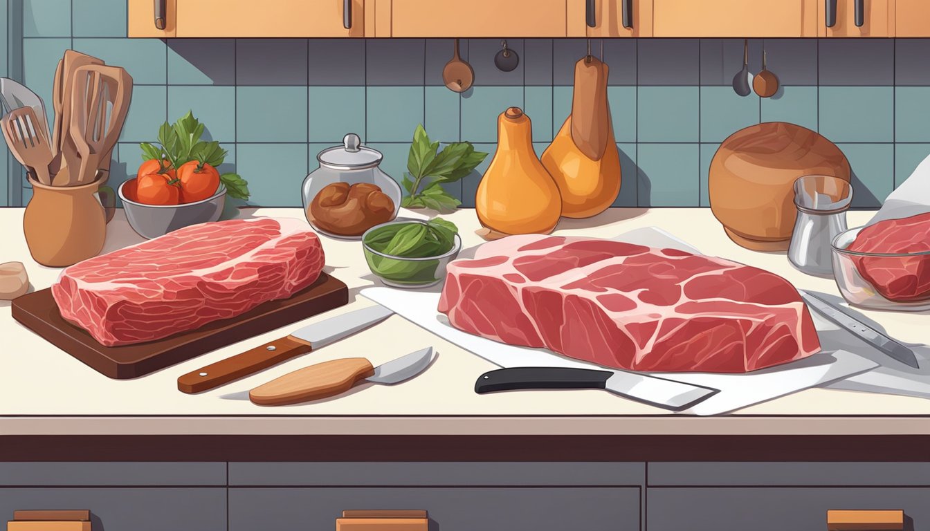 A kitchen counter with various raw meat, cutting board, knife, and safety gloves