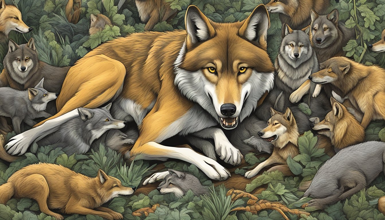 A wolf surrounded by freshly hunted prey, illustrating the concept of a carnivore diet explained by Ken Berry