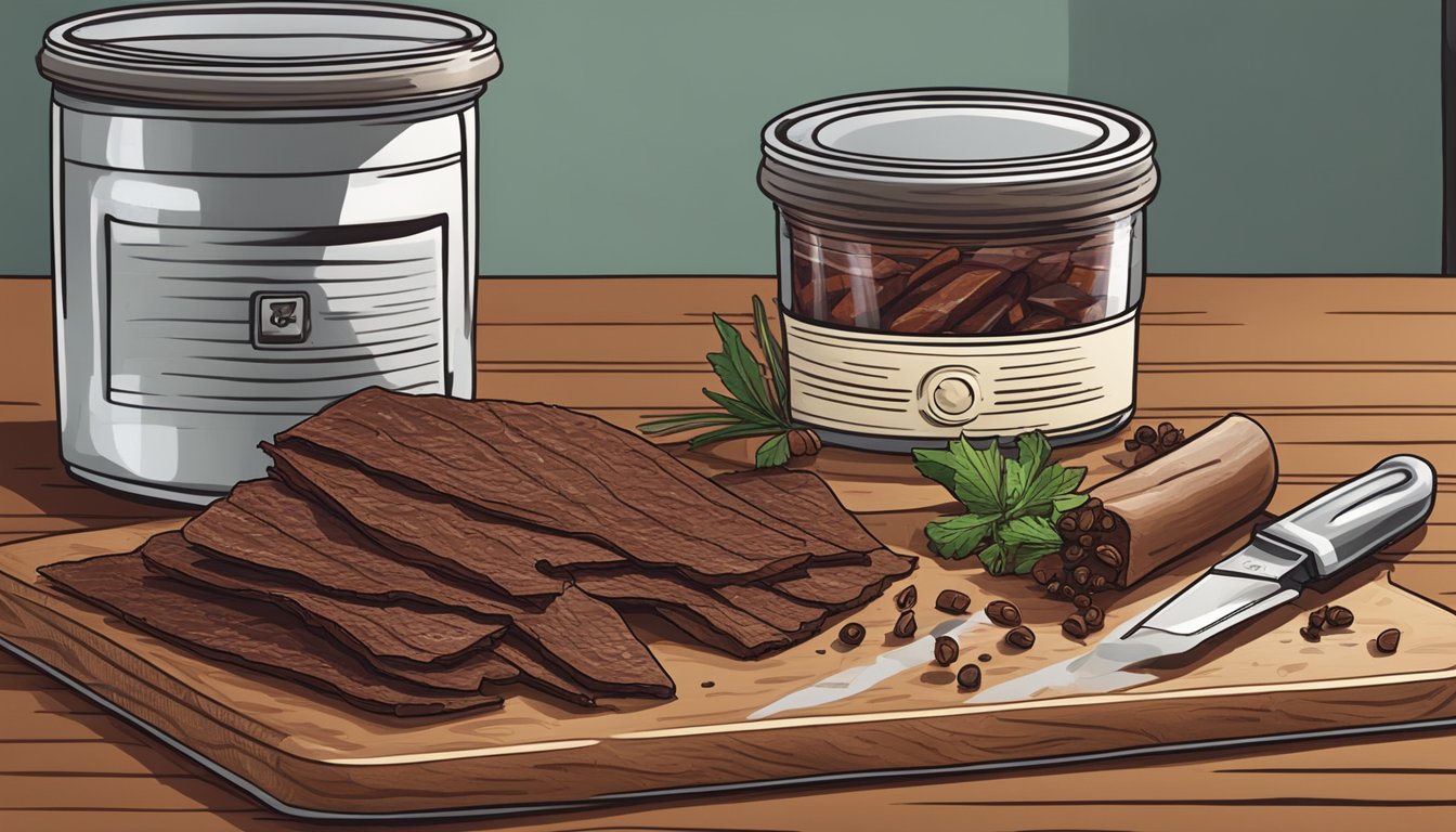 A kitchen counter with a cutting board, knife, and various spices next to a stack of homemade beef jerky in a sealed container