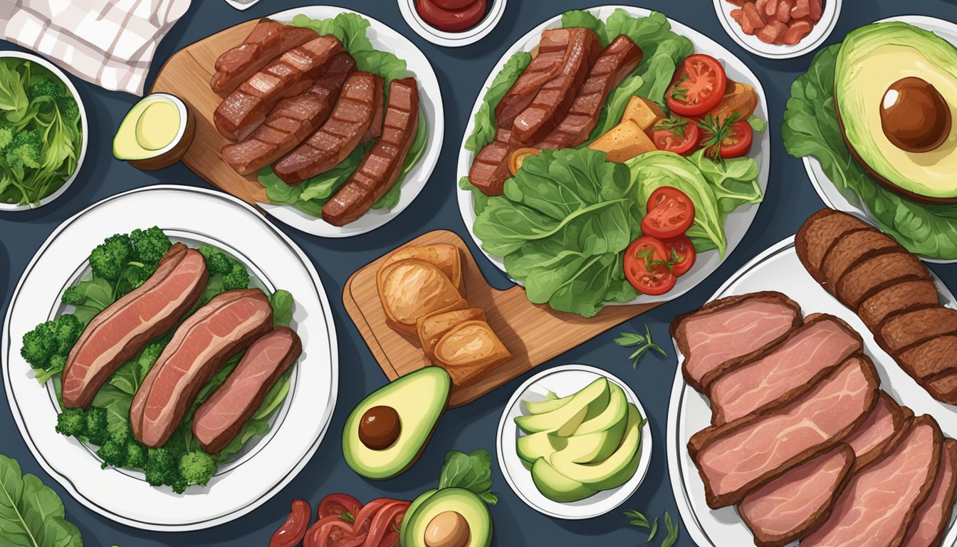 A plate with a variety of meats, such as steak, bacon, and sausage, alongside a side of leafy greens and avocado