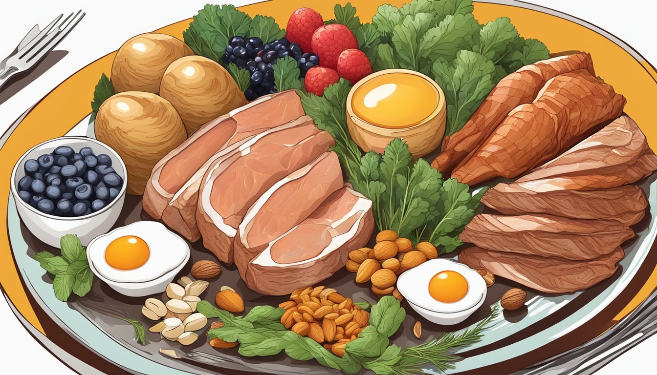 A variety of meats, fish, and eggs arranged around a plate of colorful vegetables, with a side of nuts and berries