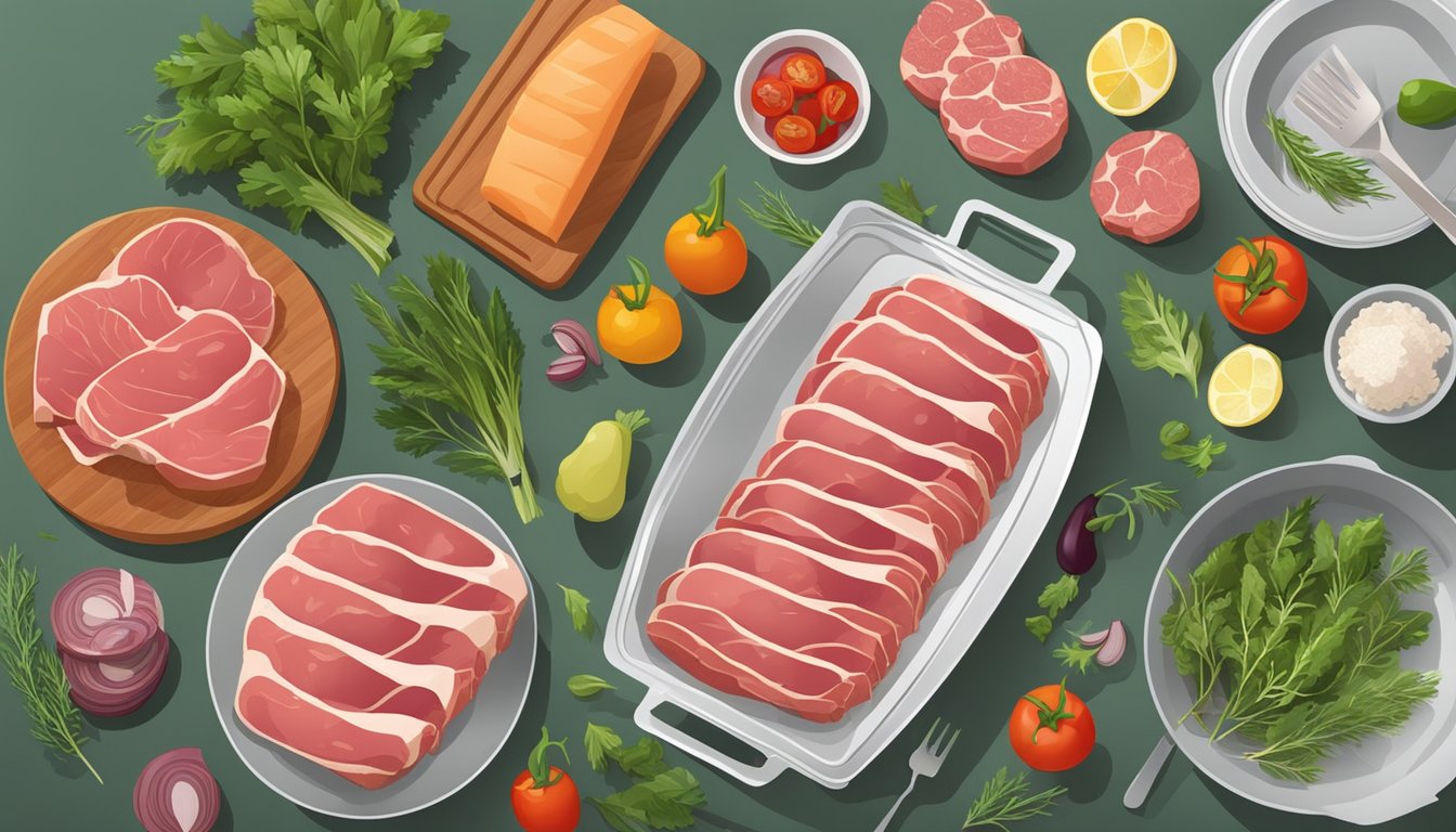 A kitchen counter with raw meat, vegetables, and herbs laid out for meal preparation