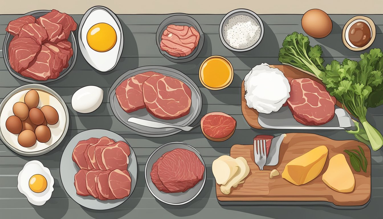 A kitchen counter with raw meat, eggs, and vegetables laid out for meal prep on the Carnivore Diet