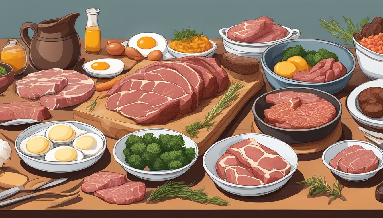 A table set with various raw meats, eggs, and animal products, surrounded by kitchen utensils and a cookbook on the carnivore diet