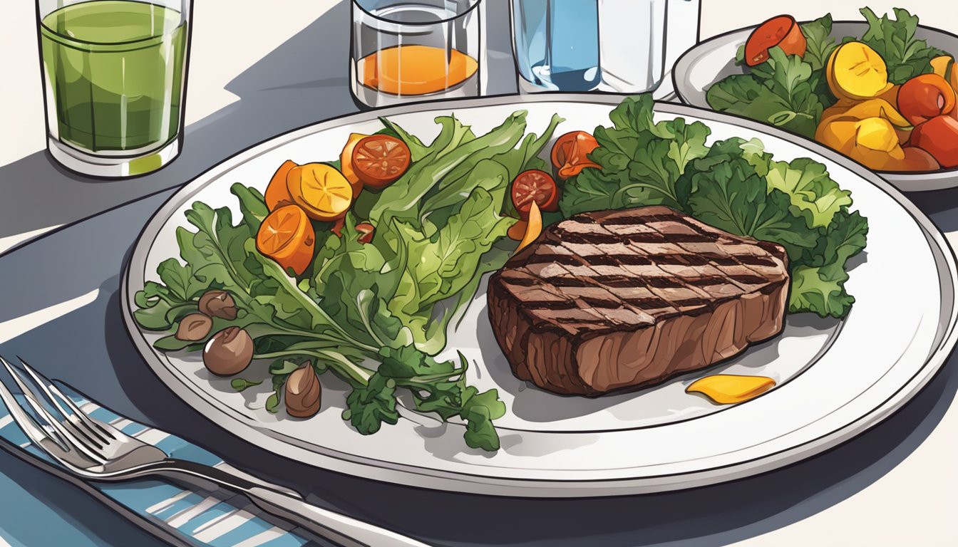 A colorful plate with grilled steak, roasted vegetables, and a side of mixed greens, with a glass of water on the side