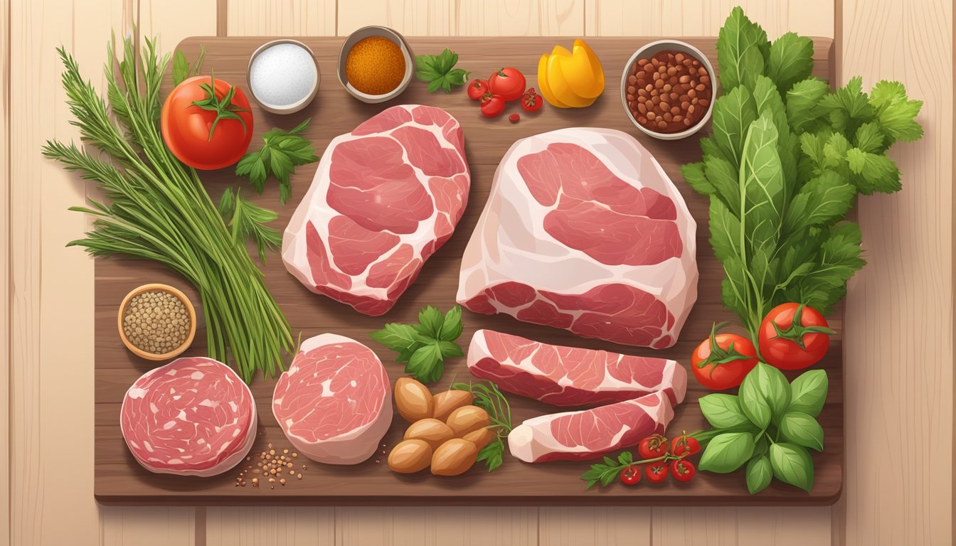 A variety of raw meats and animal products arranged on a wooden cutting board, surrounded by fresh herbs and spices