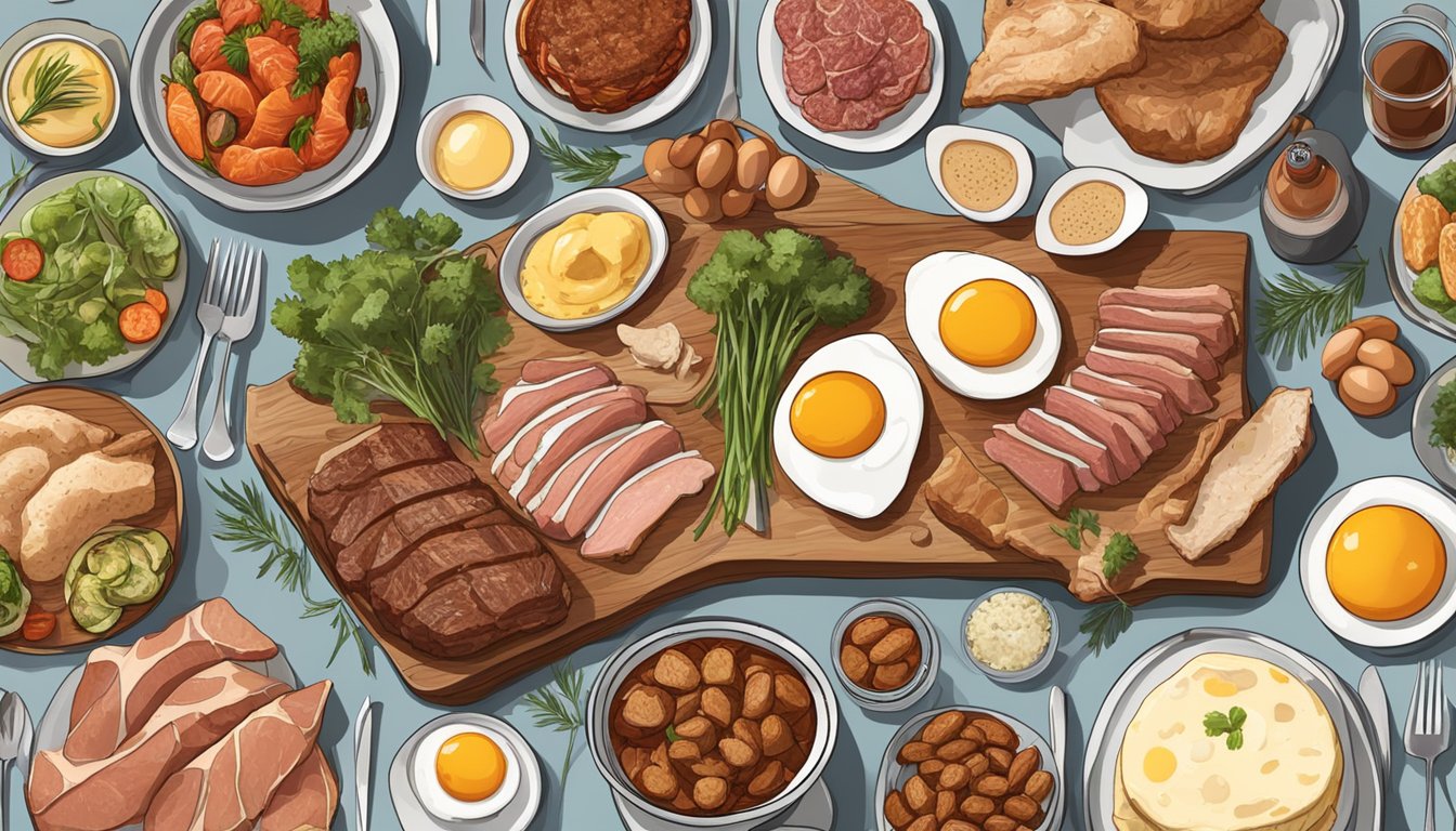 A table set with a variety of meats, eggs, and animal-based foods for a carnivore diet lunch