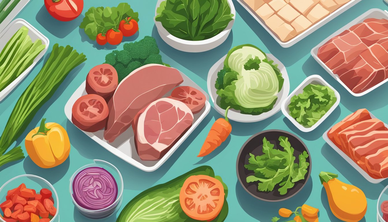 A variety of fresh, colorful vegetables and lean cuts of meat arranged on a clean, organized kitchen counter for meal prep