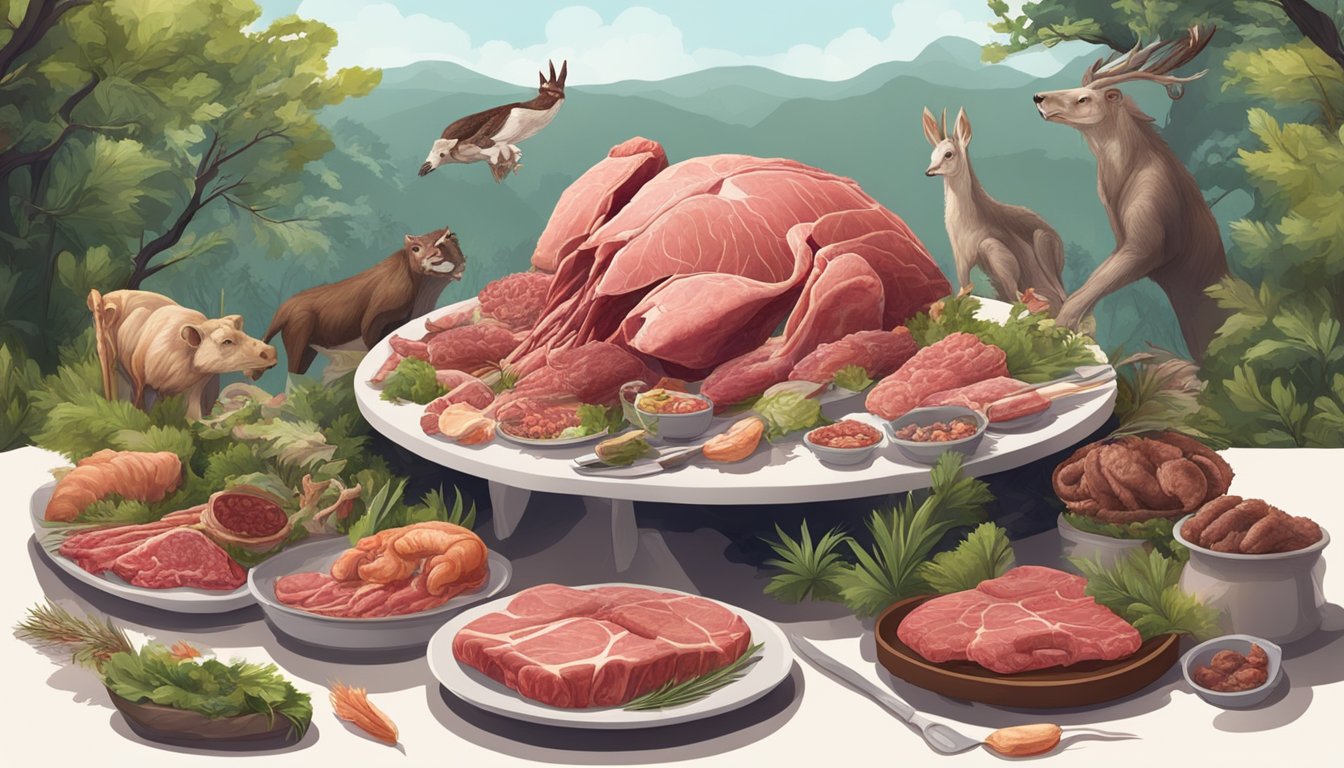 A table set with raw meat, bones, and organs, surrounded by carnivorous animals in a natural setting