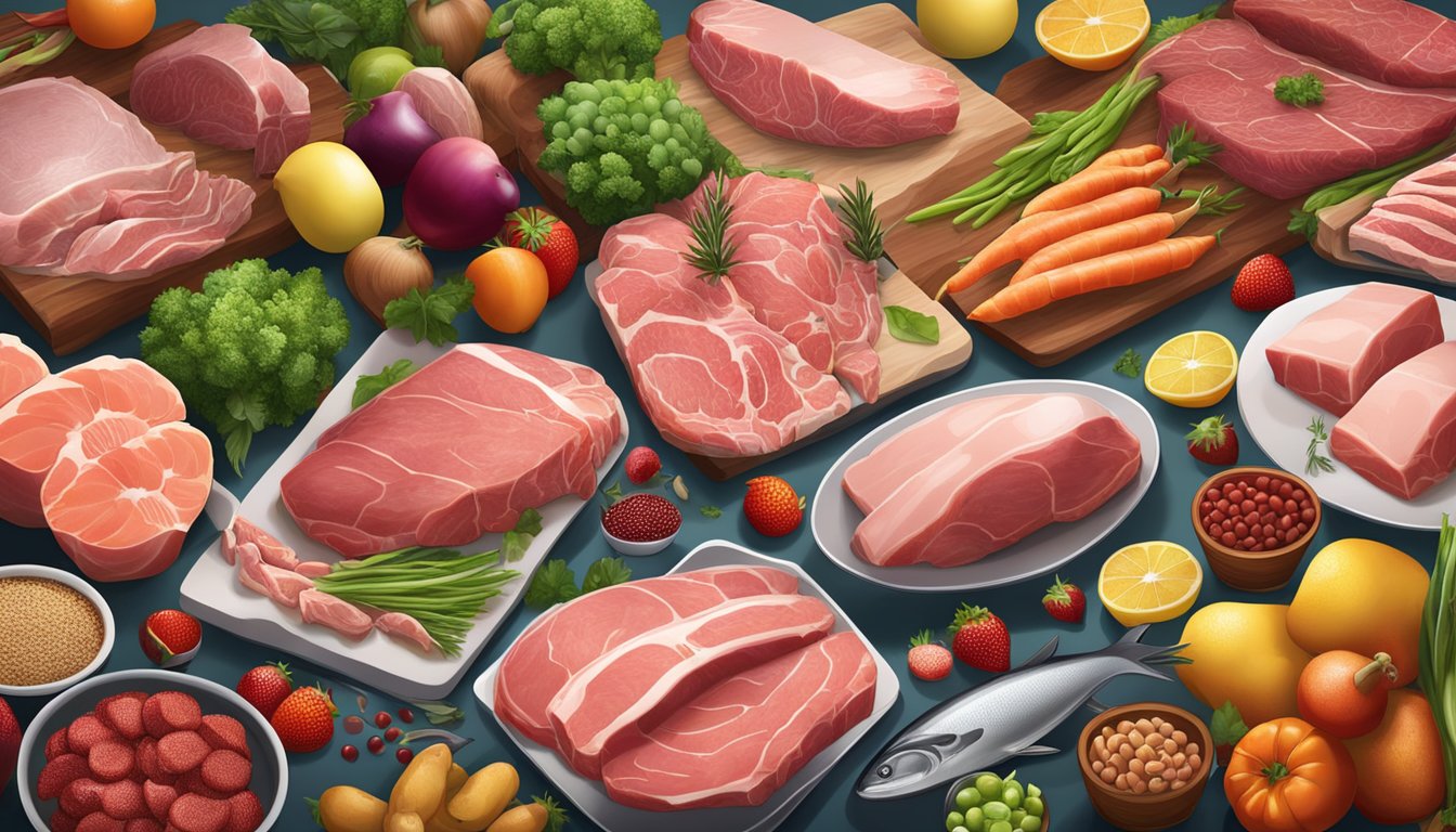 A variety of fresh, affordable meats, fish, and organ meats displayed on a table, surrounded by colorful fruits and vegetables