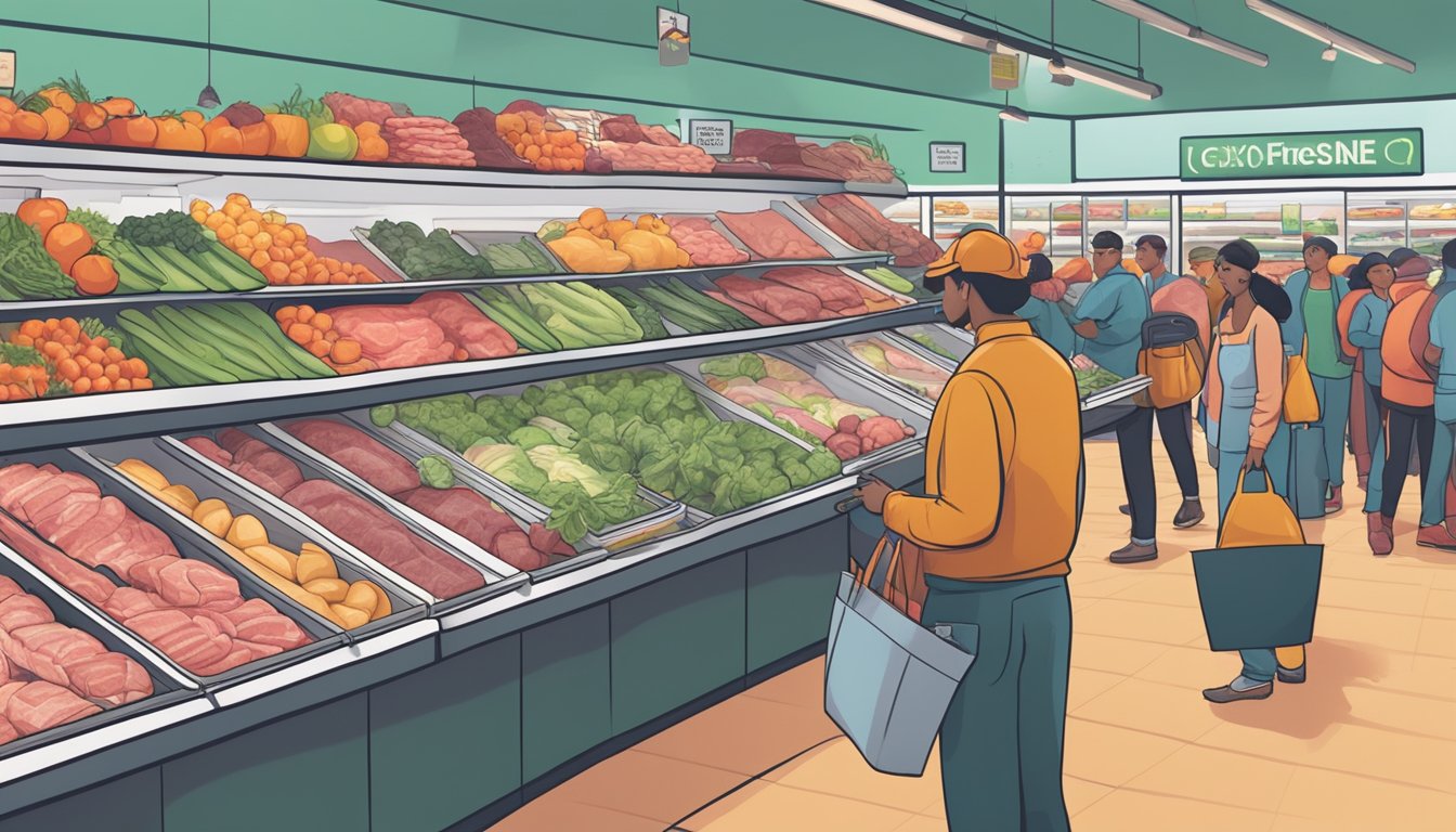 A person carefully selecting affordable cuts of meat and fresh produce at a bustling grocery store